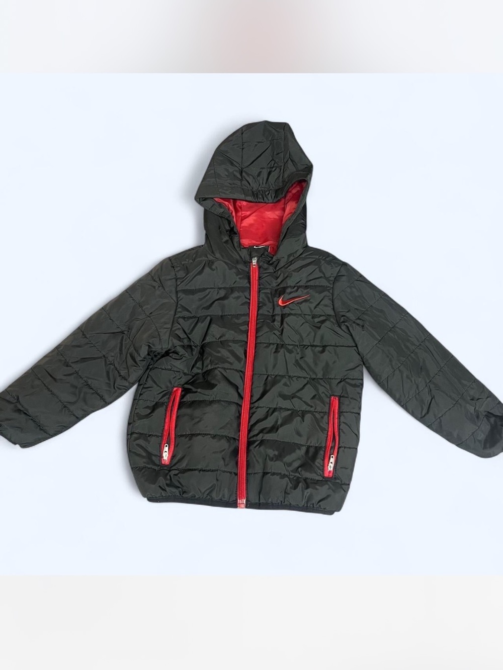 Nike Kids Black Hooded Puffer Jacket with Red Trim